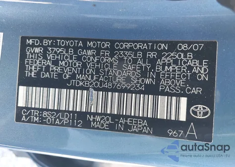 2008 Toyota Prius from USA, damaged, VIN JTDKB20U487699234